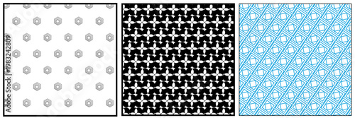 Three fabric swatches black and white black and red and light blue