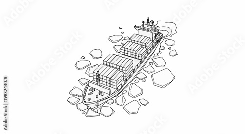 Aerial view of a container ship navigating through floating ice chunks