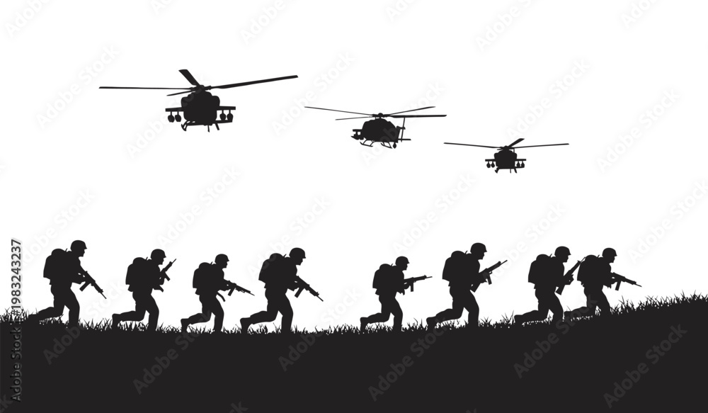 Obraz premium Military Soldiers Silhouette with Helicopters in Combat Operation Scene 