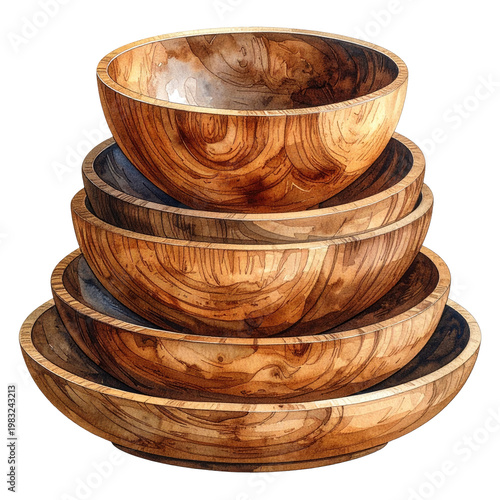 Stack of five wooden bowls, varying sizes, showing intricate grain patterns in brown tones