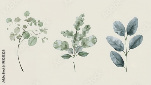 Artistic botanical elements: Three watercolor leaves in subtle hues. This image embodies delicate natural beauty and artistic finesse