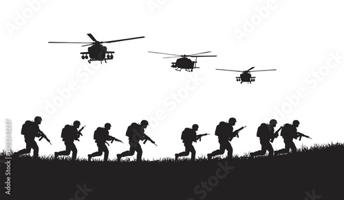 Military Soldiers Silhouette with Helicopters in Combat Operation Scene 