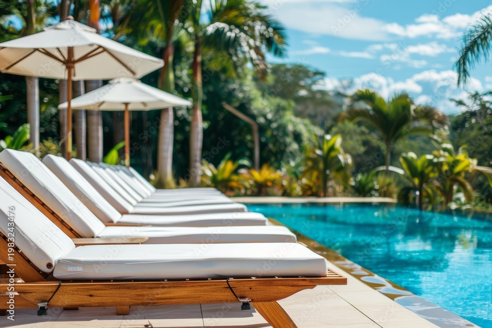 Fototapeta premium Wooden deck chairs with white cushions inviting guests to relax by the poolside of a luxurious tropical hotel