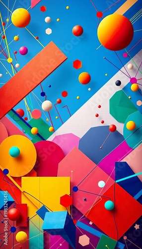 Geometric shapes and lines in a vibrant, chaotic arrangement ,  pattern,  colorful