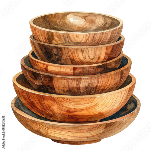 Watercolor illustration of a stack of wooden bowls with various sizes and depths