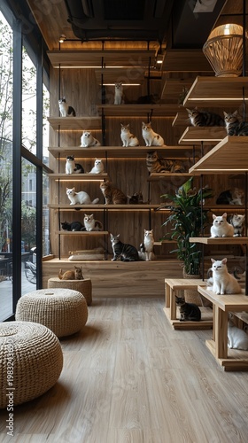 Cozy cat cafe interior with numerous cats relaxing on wooden shelves and comfy seating