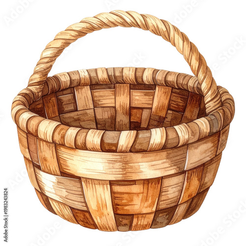 Watercolor illustration of a woven basket with a handle, brown color, on transparent background