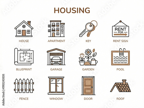 A professional collection of twelve minimalist housing and real estate line icons with brown and orange accents on a white background