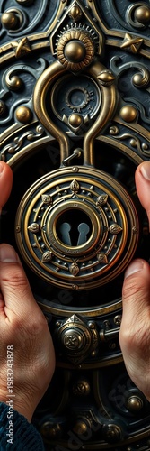Hands manipulating intricate mechanical cryptex lock with hidden combination,  riddle,  mechanical
