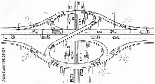 Aerial view of a complex, multi-level highway interchange with busy traffic