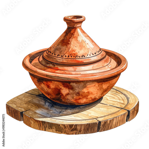 Watercolor illustration of a traditional, clay Tagine pot on a wooden cutting board