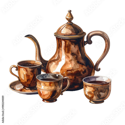Watercolor depiction of a vintage copper tea set with ornate details