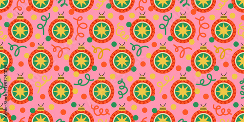 Seamless Christmas baubles pattern with retro red ornaments, star motifs, confetti dots and curling streamers on a pink background. Festive holiday repeat for wrapping paper and fabric.