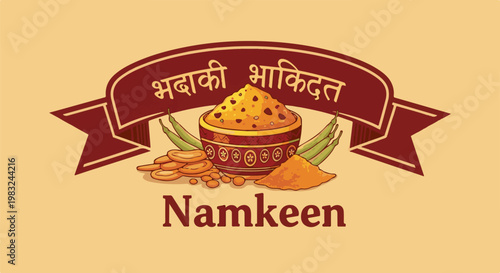 Appetizing snack assortment with decorative ribbon and Hindi script