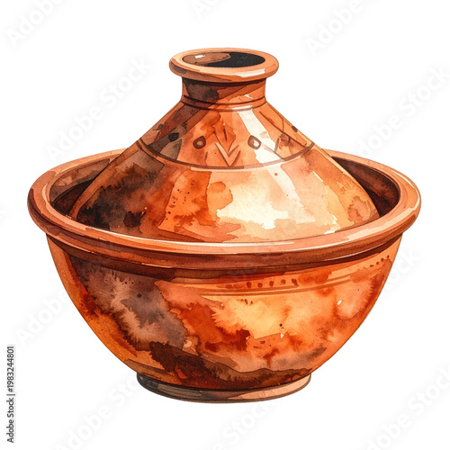 Watercolor illustration of a traditional, conical-lidded earthenware cooking pot with a dark background