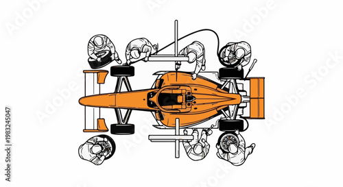 Aerial view of a racing car pit stop with crew changing tires