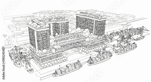 Architectural rendering of a waterfront with high-rise buildings and cargo ships