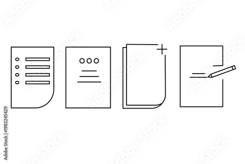 Set of document management icons, list, note, and add file signs in thin line style.
