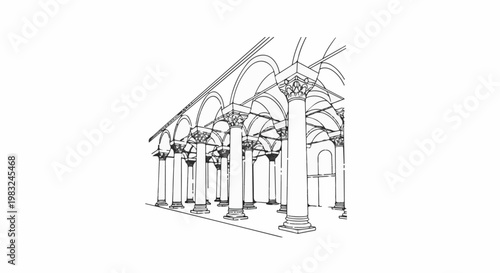 Architectural sketch of a colonnade with arches and ornate capitals