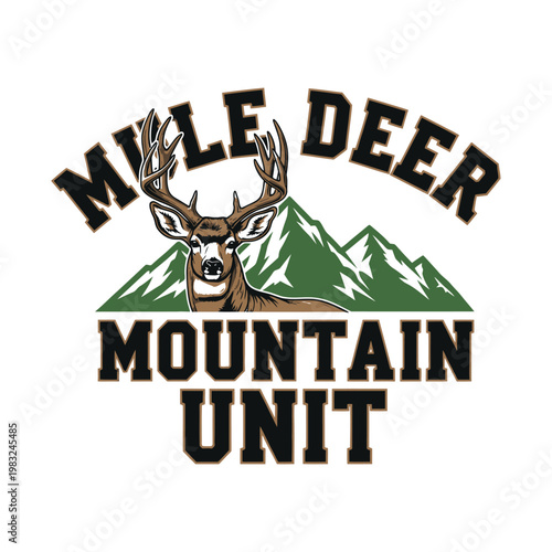 Mule deer buck standing proudly in front of mountain range tshirt design