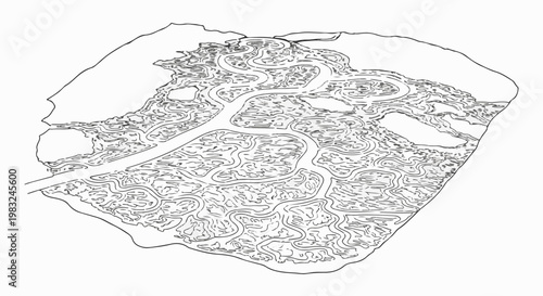 Aerial view sketch of a winding river delta with intricate channels and landmasses