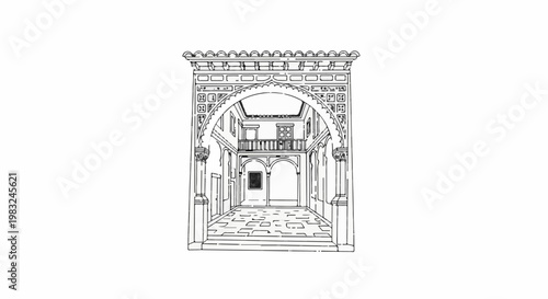 Architectural drawing of a grand courtyard with arches, balcony, and patterned floor