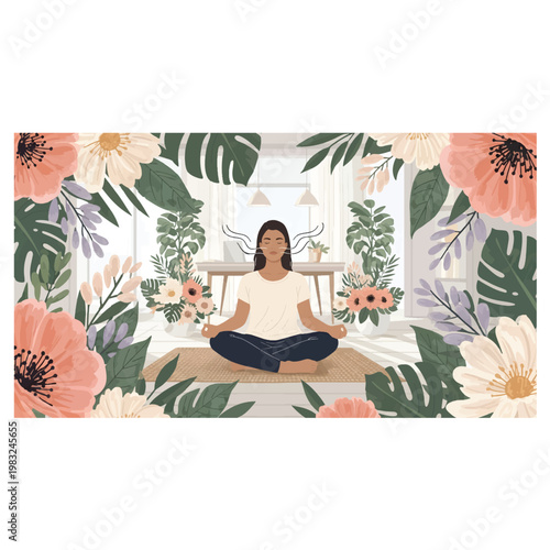 Serene young woman practicing meditation on a mat indoors surrounded by abundant blooming flowers and lush green foliage in a bright, airy room. Flat Vector illustration