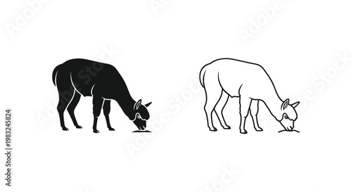 Black and White Goat Grazing Illustrations Vector