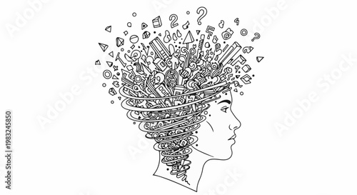 Abstract mind explosion with swirling shapes, numbers, and question marks