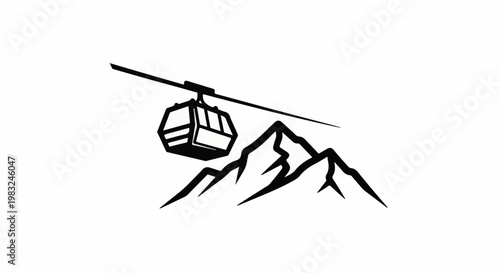 Aerial tramway car suspended over jagged mountain peaks