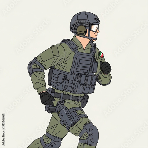 Illustration of Soldier Running in Tactical Gear.