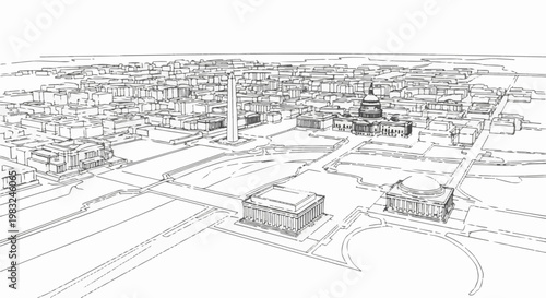 Aerial sketch of famous monuments and urban sprawl under a clear sky