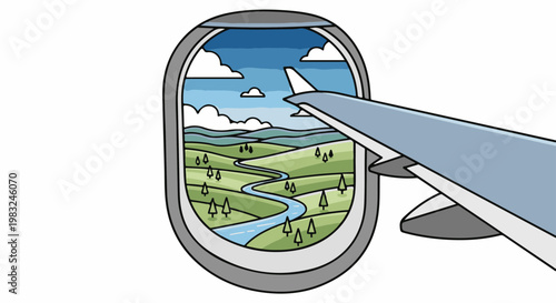 Aerial view from airplane window of green rolling hills and winding river