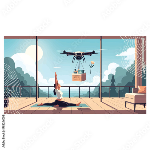 Serene woman practicing yoga split pose on balcony with drone delivering package and flower against lush forest backdrop, bright daylight. Flat Vector illustration