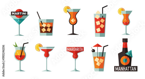 Set of Colorful Cocktail Drinks - Flat Design Icons