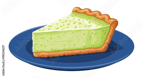 Slice of Key Lime Pie on Blue Plate, Dessert Food Illustration