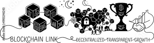 Blockchain technology concept illustration, decentralized network crypto growth line art