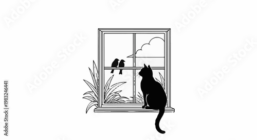 Black cat watches birds from a window sill with plants