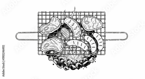 Barbecue grill with various meats cooking over glowing coals