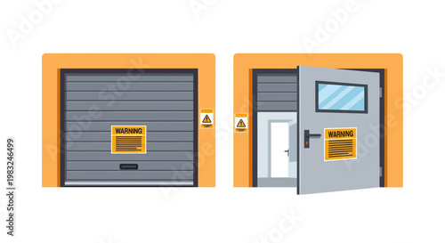 Closed and Open Garage Door with Warning Signs