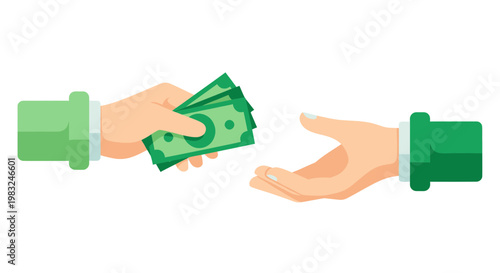 Hand giving money to another hand, illustration of payment and transaction