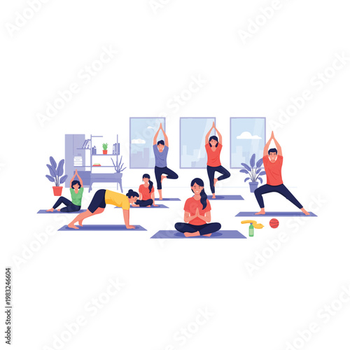 Diverse group of people of varying ages and genders practicing yoga in a bright, modern studio, promoting wellness, mindfulness, and a healthy lifestyle in a flat design style. Flat Vector i