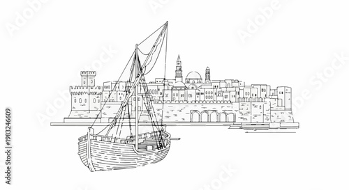 Ancient ship approaching a fortified city with domed buildings