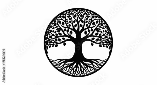 Black circular silhouette of a tree with intricate branches and roots