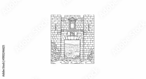 Ancient stone archway reveals a hilly landscape under a sky