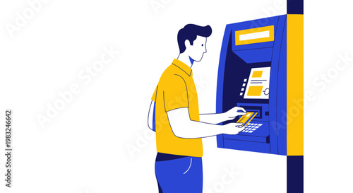 Man using ATM machine for banking transactions, modern finance concept illustration