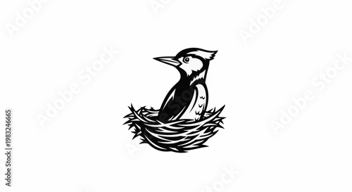 Black and white illustration of a bird in a nest