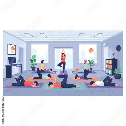 Diverse group of people practicing yoga poses in a bright, modern studio with a qualified instructor demonstrating a balancing tree pose. Flat Vector illustration