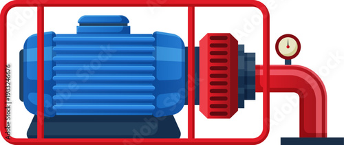 Electric motor and industrial pump transferring fluid with a pressure gauge