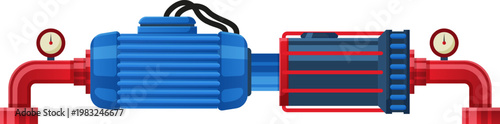 Electric motor and heat exchanger connected to red plumbing pipes with pressure gauges
